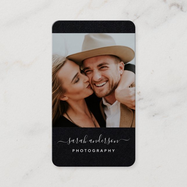 Carte De Visite Script Modern Typography Photographe Cool noir (Devant)