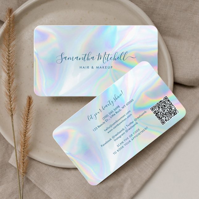 Carte De Visite Script moderne QR Code Holographique Propriétaire  (QR Code Holographic Makeup and Hair Script Business Card)