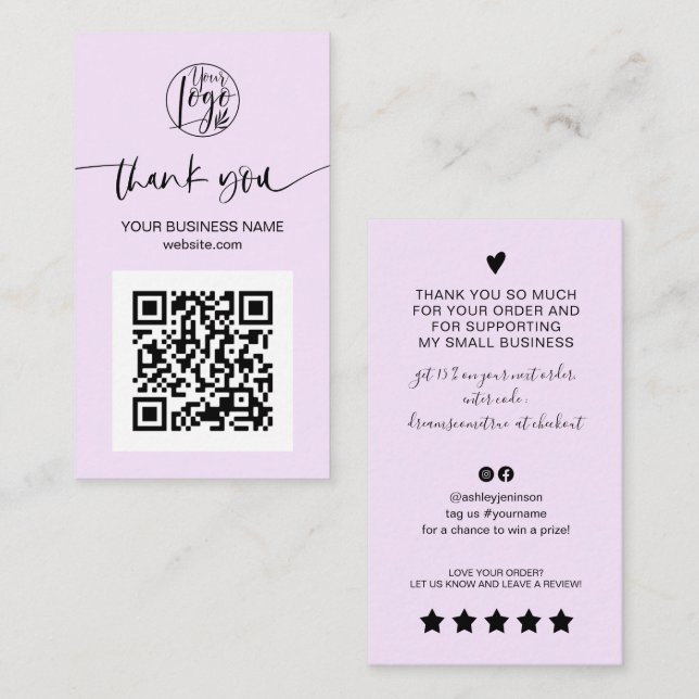 Carte De Visite Script moderne QR code lavender ordre merci (Devant / Derrière)