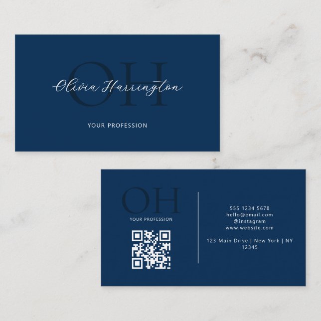 Carte De Visite Script moderne QR Code Marine Blue Monogramme (Devant / Derrière)