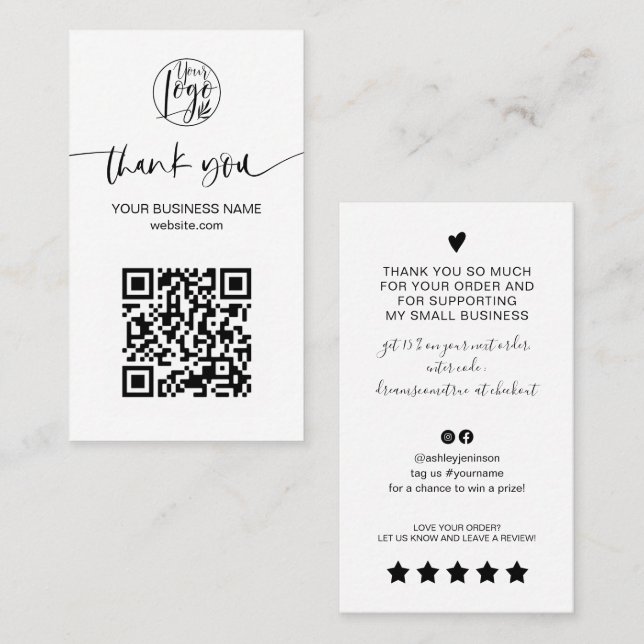Carte De Visite Script moderne QR code noir blanc ordre merci (Devant / Derrière)