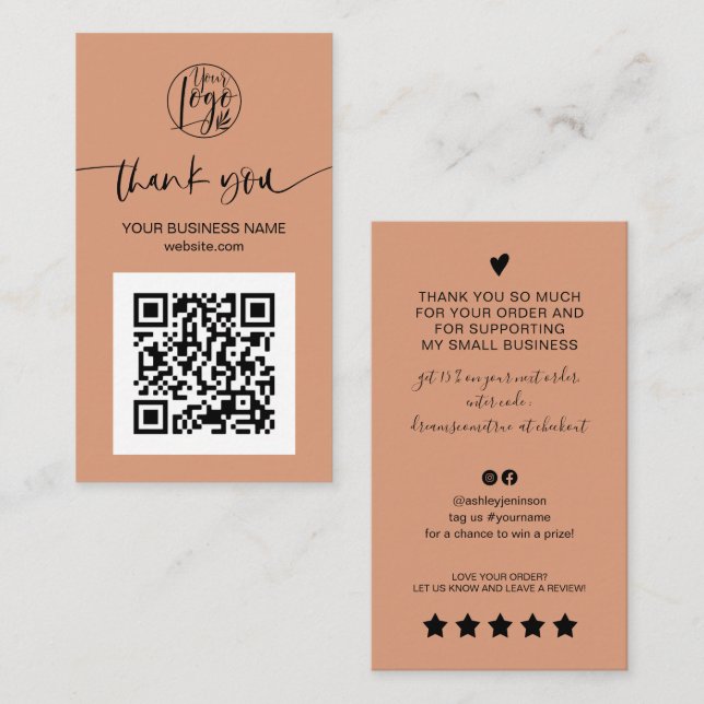Carte De Visite Script moderne QR code terracotta ordre merci (Devant / Derrière)