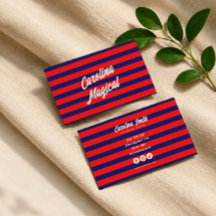 Carte de visite script rayée rouge bleu tendance