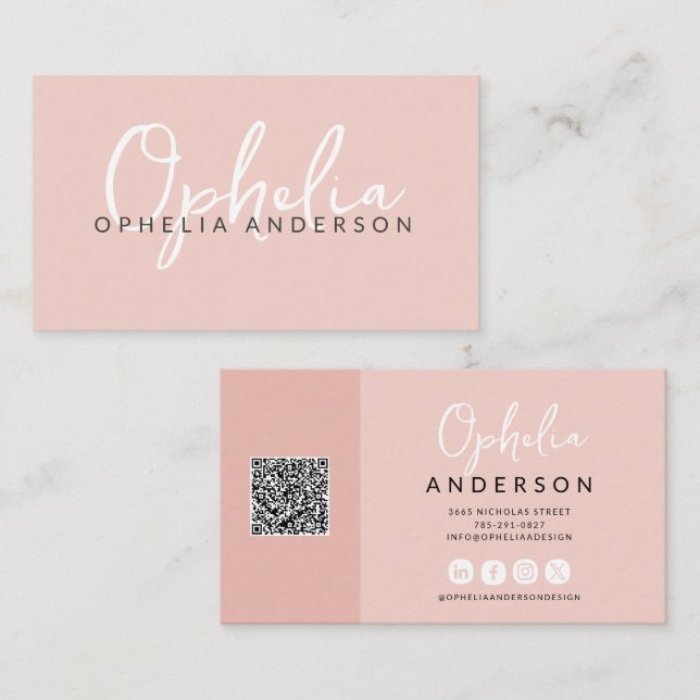 Carte De Visite Script rose minimal moderne boho QRcode (Devant / Derrière)
