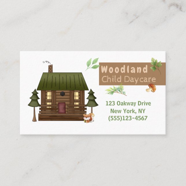 Carte De Visite Service de garderie Cabine de style Woodland (Devant)