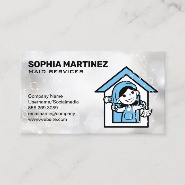 Carte De Visite Service de ménage | Mop et Broom | Bulles de savon (Devant)