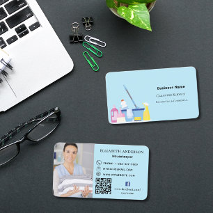 Carte De Visite Service de nettoyage bleu clair photo code QR