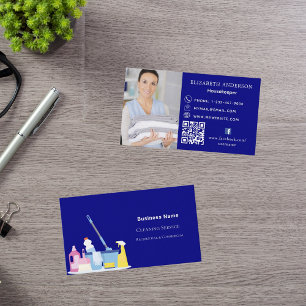 Carte De Visite Service de nettoyage bleu marine photo QR code pre