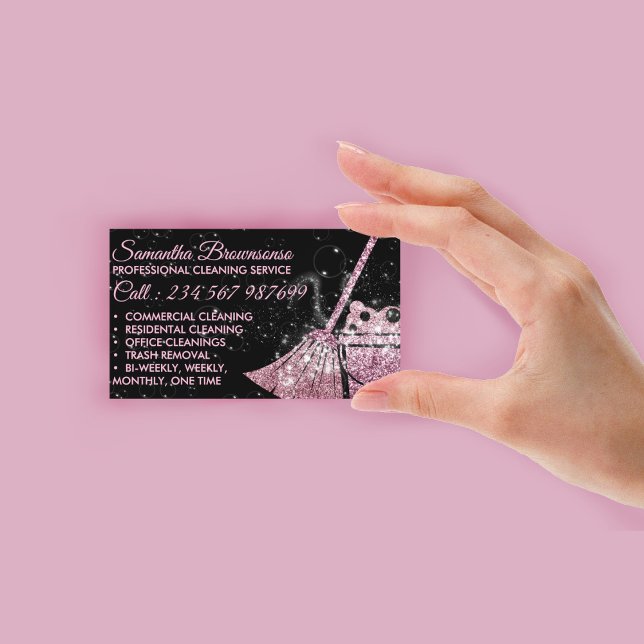 Carte De Visite Service De Nettoyage De Luxe Rose Noir Maid (Black Pink Luxury Cleaning Service Maid Janitorial Business Card)