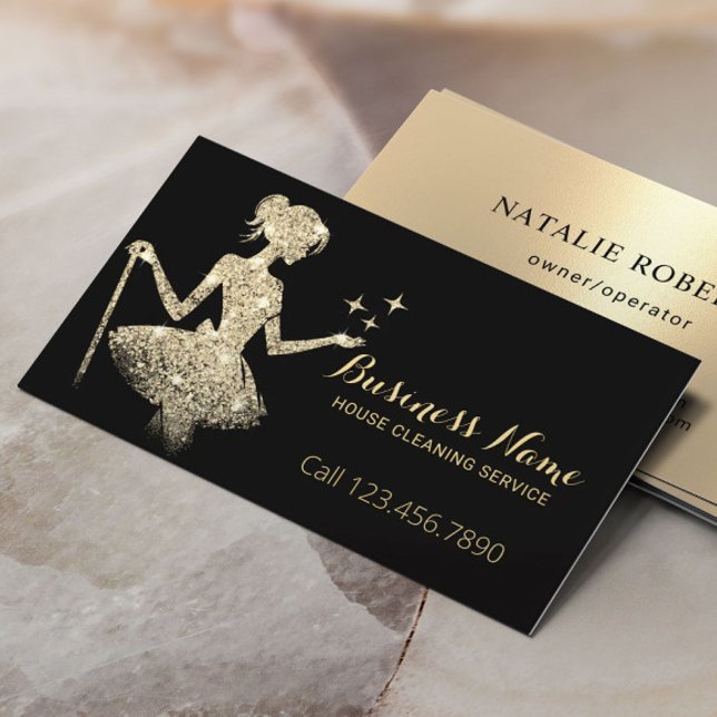 Carte De Visite Service de nettoyage de maison Black & Gold Magica (Créateur téléchargé)