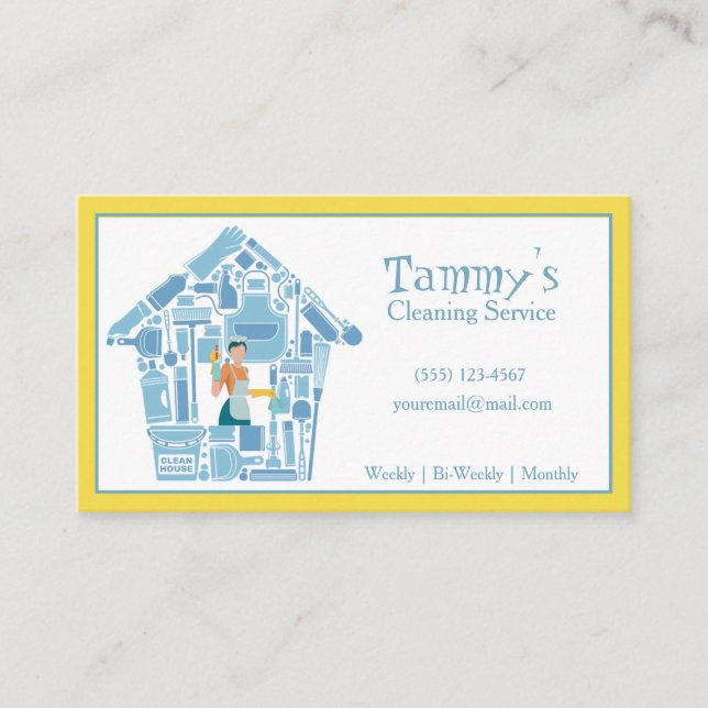 Carte De Visite Service de nettoyage de maison bleu et jaune Busin (Devant)