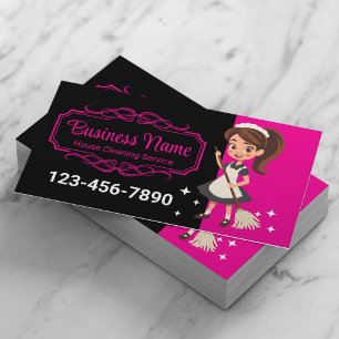 Carte De Visite Service de nettoyage de maison en noir et rose