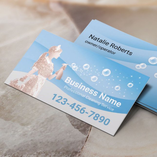 Carte De Visite Service de nettoyage des domestiques Courbes bleue (Créateur téléchargé)