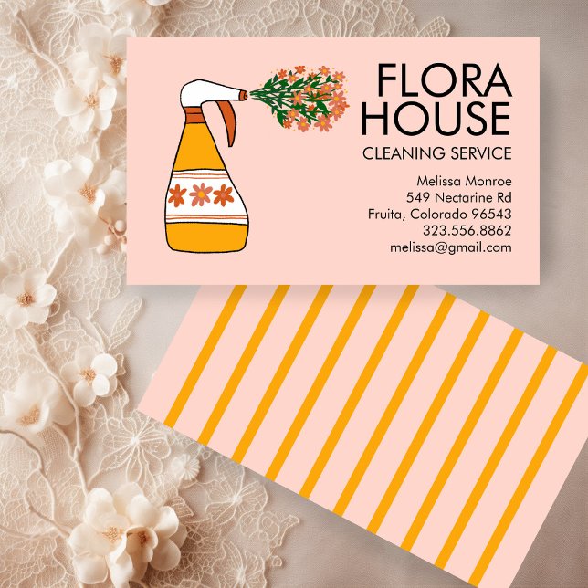 Carte De Visite Service de nettoyage des maisons florales Spray Bo (Floral House Cleaning Service Spray Bottle Retro Business Card
)