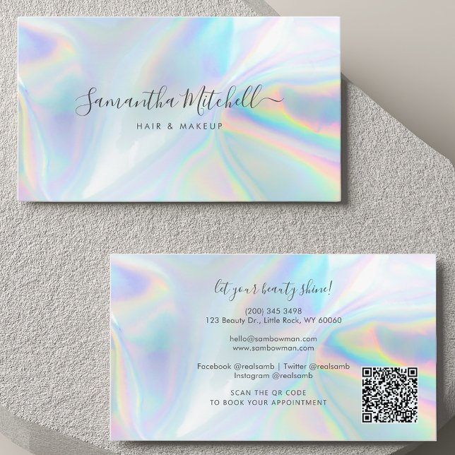 Carte De Visite Service de nettoyage holographique de code QR de s (Modern Holographic Script Hair Stylist Business Card)