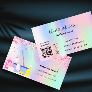 Carte De Visite Service de nettoyage holographique rose code QR