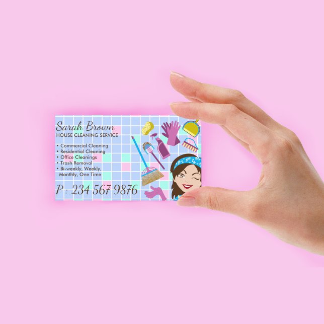 Carte De Visite Service de nettoyage Janitorial Lady Tiles Accueil (Cleaning Service Janitorial Lady Tiles Home Business Card)