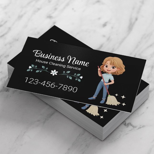 Carte De Visite Service De Nettoyage Maison Cute Cartoon Girl Blac (Créateur téléchargé)