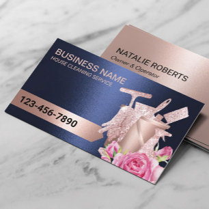 Carte De Visite Service de nettoyage Marine & Rose Gold Moderne Fl