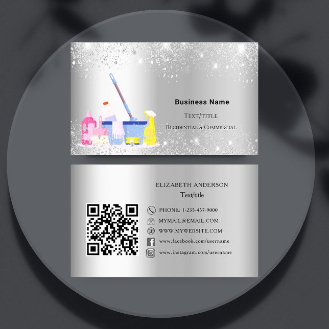 Carte De Visite Service de nettoyage parties scintillant argent QR (Créateur téléchargé)