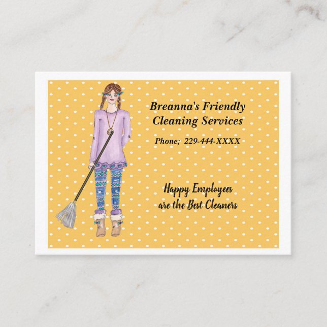 Carte De Visite Service de nettoyage Pois Fille et Mop (Devant)