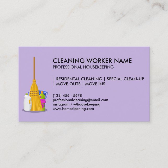Carte De Visite Service de nettoyage pourpre Agent ménager Janitor (Devant)
