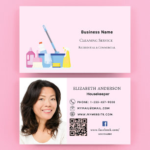 Carte De Visite Service de nettoyage rose QR code photo premium
