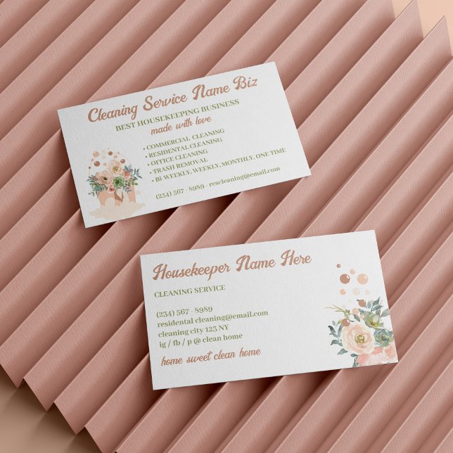 Carte De Visite Service De Nettoyage Vierge Rose Floral Janitorial (Cleaning Service Blush Pink Floral Janitorial Business Card)