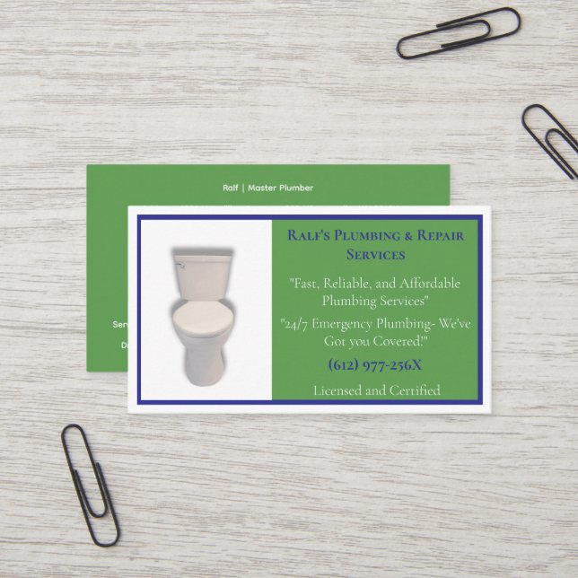 Carte De Visite Service de plomberie en Plomber Vert Toilette (Devant/Arrière en situation)
