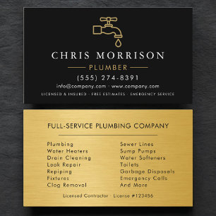 Carte De Visite Service de plomberie Plombier Black Gold