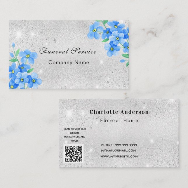 Carte De Visite Service funéraire à domicile argent bleu floral co (Devant / Derrière)