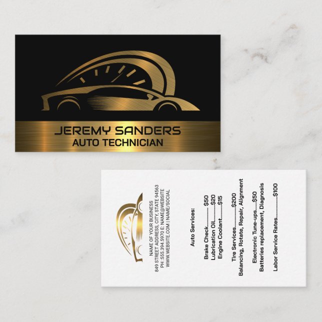 Carte De Visite Services Auto | Métallique d'or | Voiture sport (Devant / Derrière)