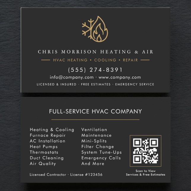 Carte De Visite Services de CVC Code QR Noir Or (Créateur téléchargé)
