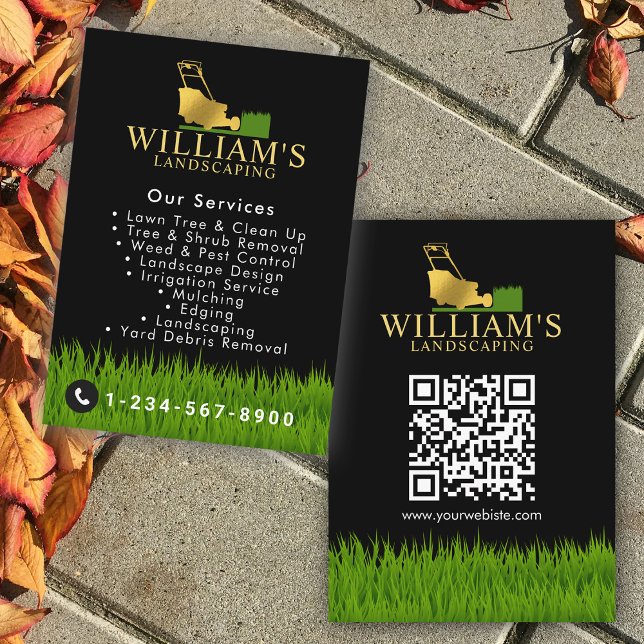 Carte De Visite Services de découpe de tondeuse de pelouse, Logo O (Lawn Mowing Cutting Services, Lawn Care Gold Logo Business Card)