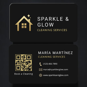 Carte De Visite Services de nettoyage Code QR Black Gold Professio