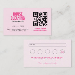 Carte De Visite Services de nettoyage de maison rose Code QR Fidél