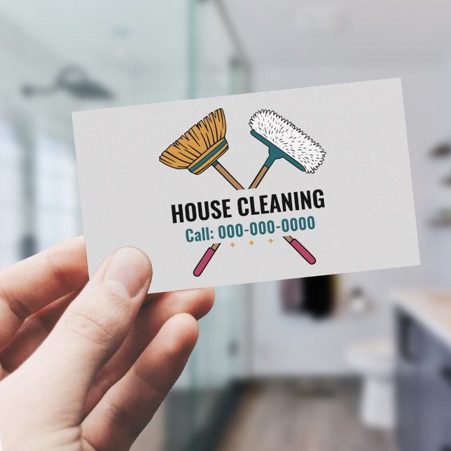 Carte De Visite Services de nettoyage des chambres et des maisons (Brooms & House Cleaning Services Business Card)