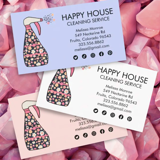 Carte De Visite Services de nettoyage des maisons Janitor Daisy Sp (Daisy floral spray bottle custom cleaning services business card with social media icons.)