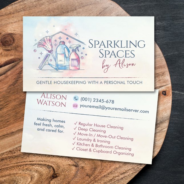Carte De Visite Services de nettoyage - Design de style aquarelle  (Créateur téléchargé)