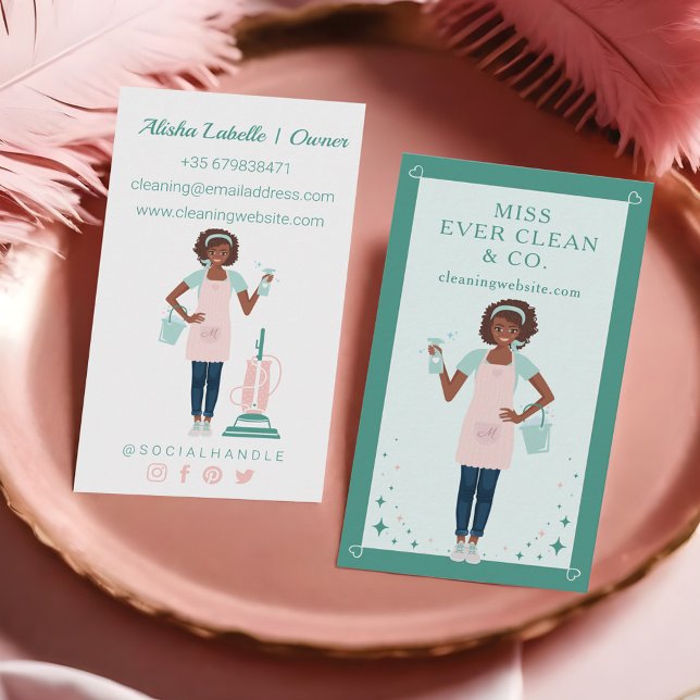 Carte De Visite Services de nettoyage et de ménage pour femmes noi (Modern Pretty Black Woman Cleaning & Maid Services Business Card)