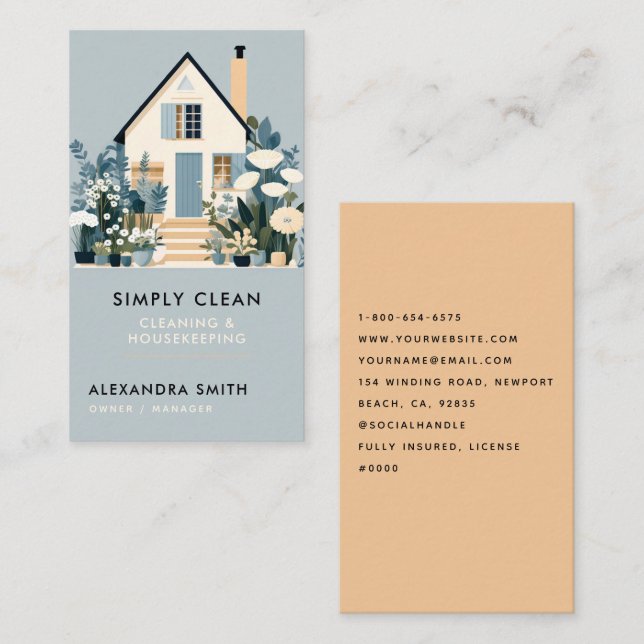 Carte De Visite Services de nettoyage Ménage Floral Dusty Blue (Devant / Derrière)
