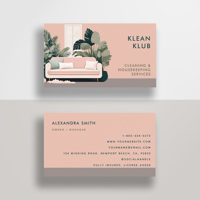 Carte De Visite Services de nettoyage Ménage Rétro Pink Classy (cleaning housekeeper janitorial business card retro vintage elegant modern chic simple minimal pink )