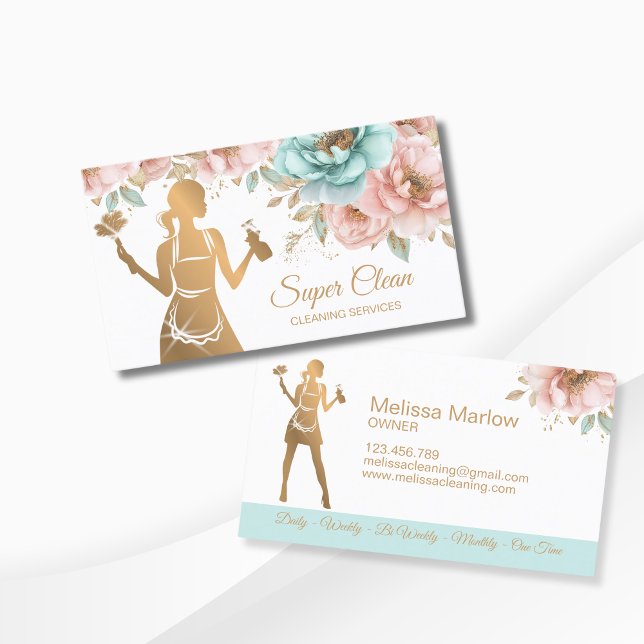 Carte De Visite Services de nettoyage professionnels de la maison  (gold maid with blush pink and blue peonies)