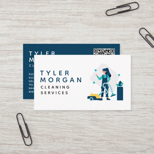 Carte De Visite Services modernes de nettoyage de filles de dessin (Devant/Arrière en situation)
