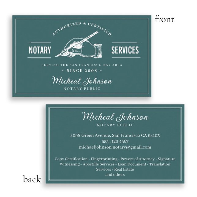 Carte De Visite Services Nota Personnalisés Turquoises professionn (Vintage Notary Services Professional Teal Custom Business Card)