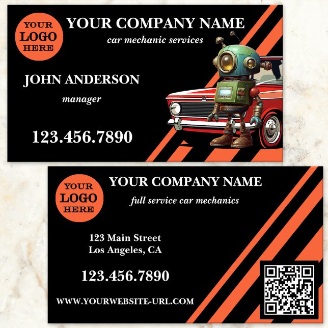 Carte De Visite Services professionnels de mécanique automobile (Car mechanic repair business card showing an eye-catching design in black and orange - with QR code)