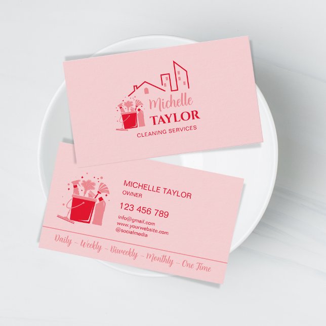 Carte De Visite Services professionnels de nettoyage des maisons e (pink and red cleaning tools)