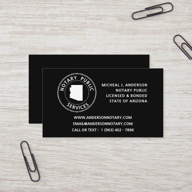 Carte De Visite Services publics de notaire de l'Arizona (Devant/Arrière en situation)