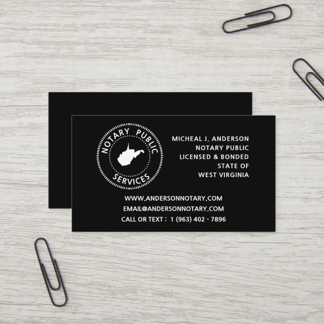 Carte De Visite Services publics notaires de Virginie-Occidentale (Devant/Arrière en situation)