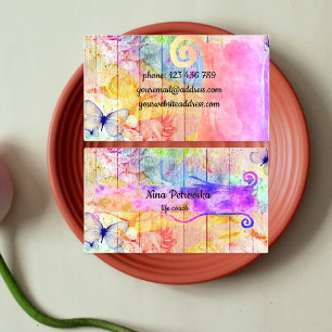 Carte De Visite Shabby Chic Butterflies et Roses sur bois rustique